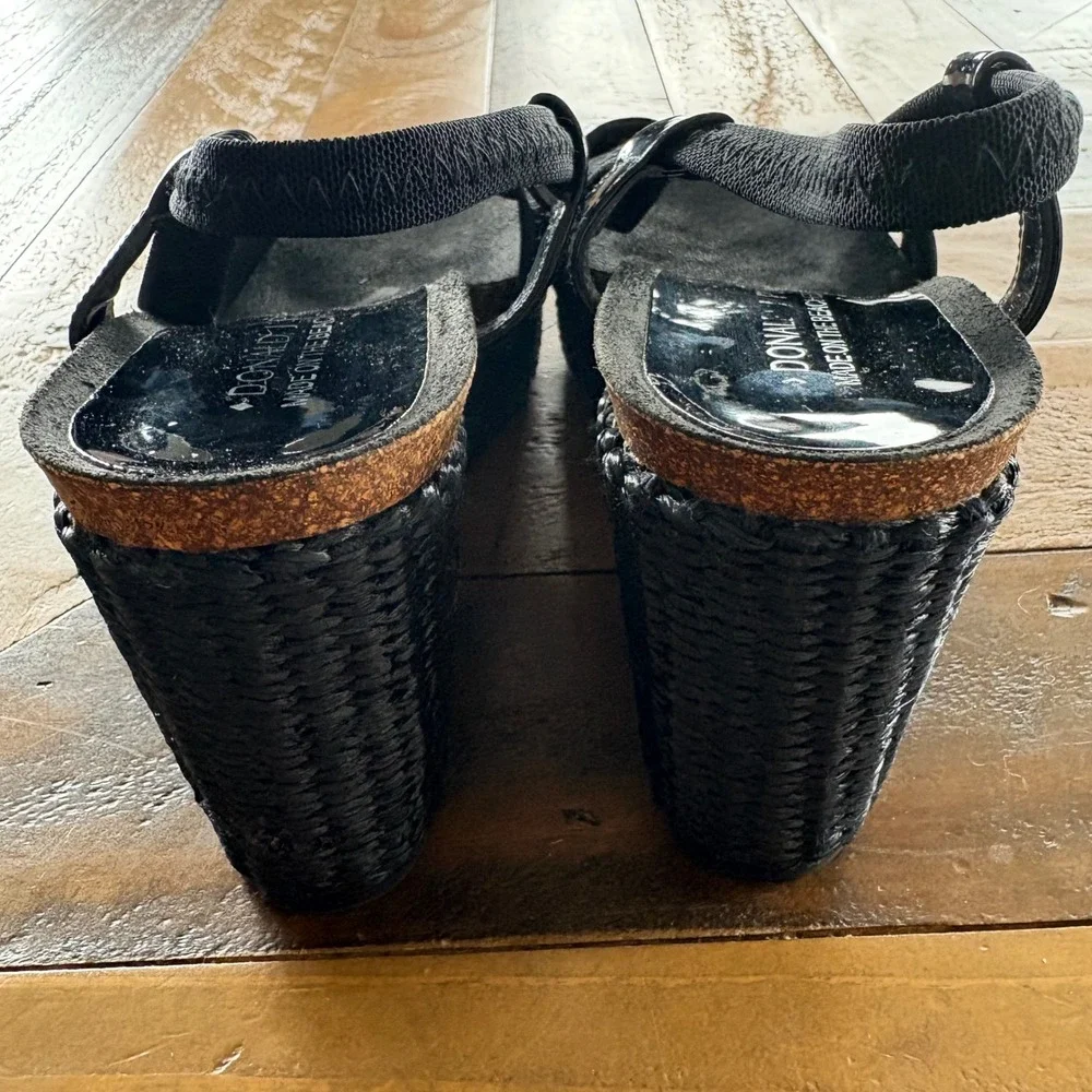 $198 DONALD PLINER Bowie Black Wedge Woven Sandals Cork Leather Made in Spain 9M